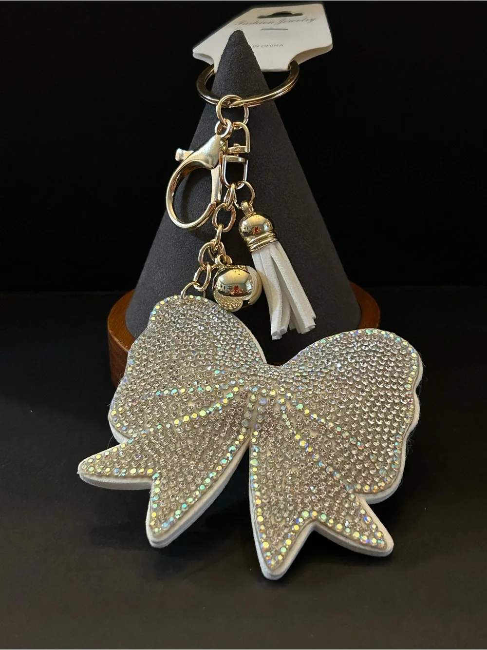 PREMIUM Puffy Off-White Crystal Bow Bag Charm Keychain w/Gold Accents
